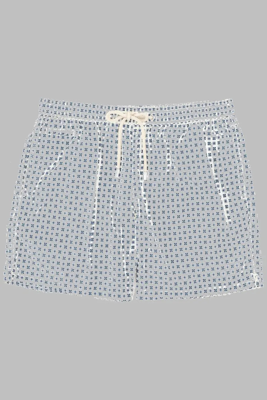 Mc2 saint barth men’s swim trunks white with navy blue crosshatch pattern and matching drawstring waistband