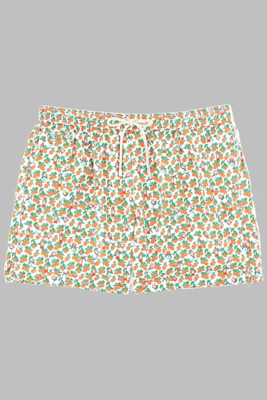 Mc2 Saint Barth men’s white swim trunks with orange fruit and green leaf print and cream drawstrings for beachwear
