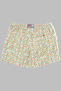 White boxer shorts with orange and green citrus pattern elastic waistband and m2 brand label by mc2 saint barth