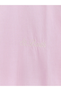 A soft pink cotton fabric with delicate white embroidery reading st on the back of a mc2 saint barth men’s shirt