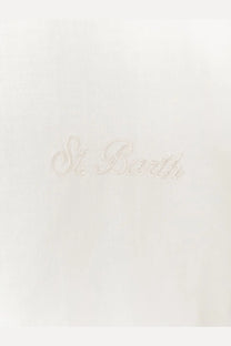 A delicate white embroidered patch with st on a mc2 saint barth men’s white cotton shirt