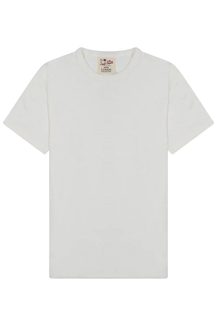 Mc2 Saint Barth men’s ecstasea white linen t-shirt with short sleeves crew neck and subtle collar brand label