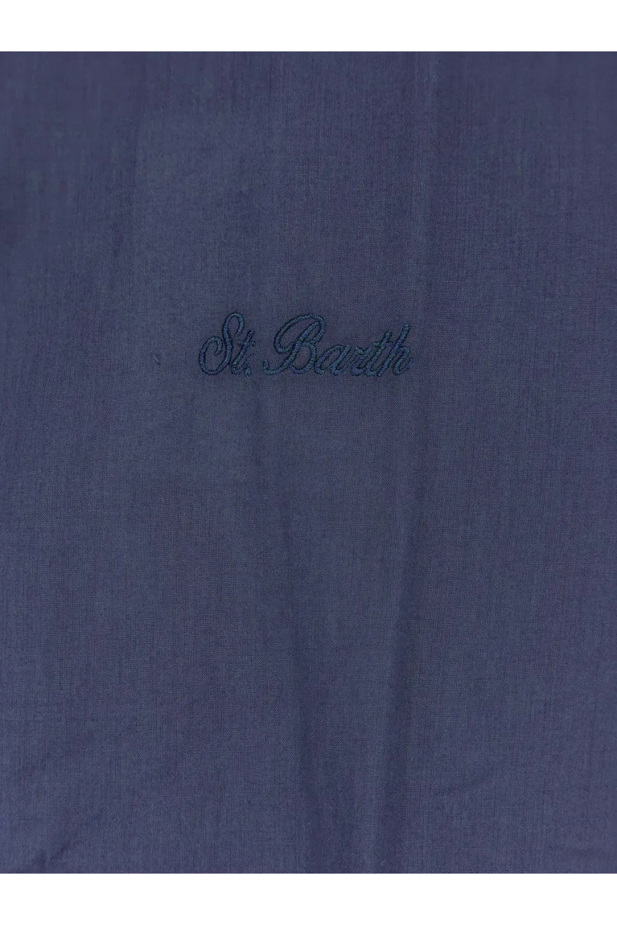 Dark blue linen fabric detail with st lettering on mc2 saint barth mens ice cotton shirt blue