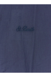 Dark blue linen fabric detail with st lettering on mc2 saint barth mens ice cotton shirt blue