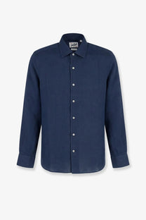 Mc2 Saint Barth men’s linen shirt in navy blue with long sleeves classic collar and white buttons