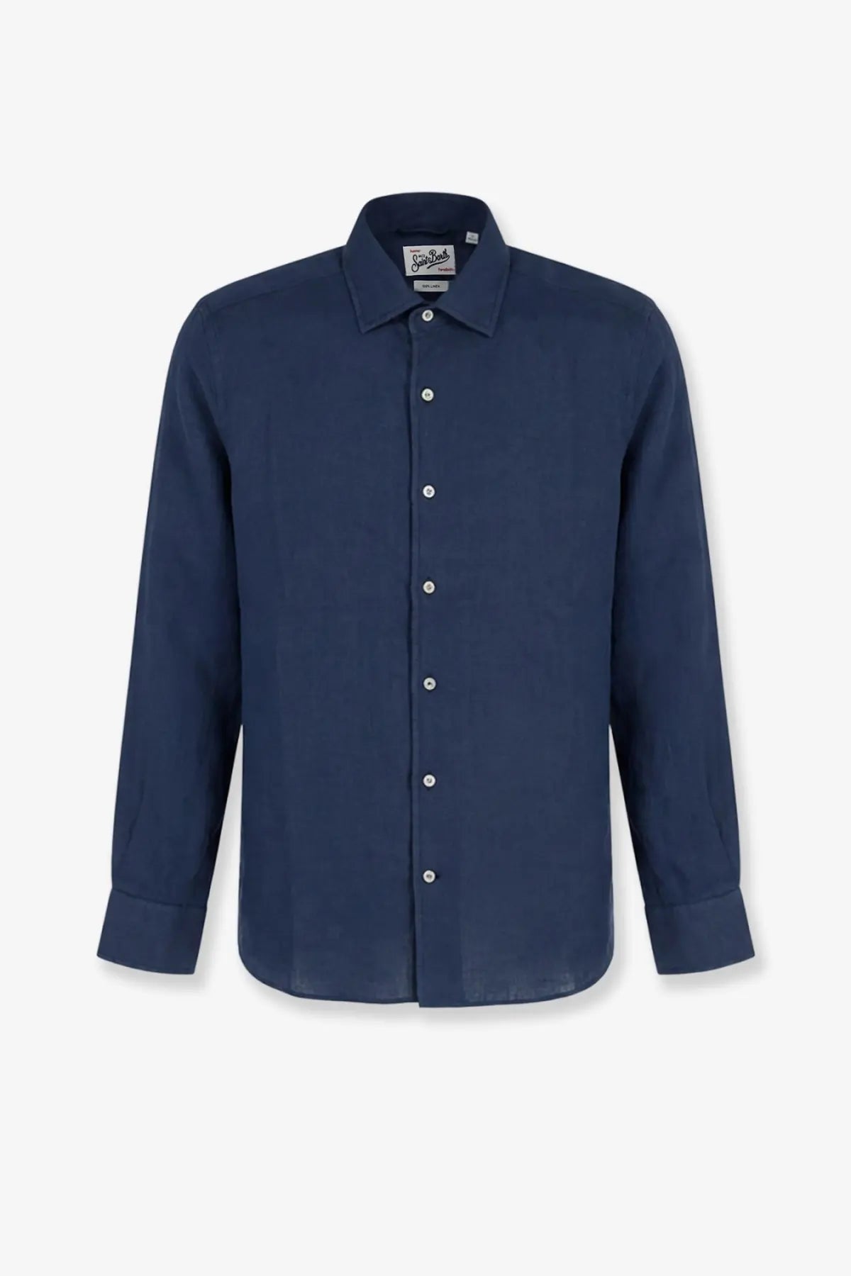 Mc2 Saint Barth men’s navy blue linen shirt with long sleeves classic collar and white buttons