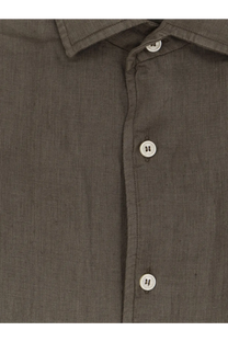 A close-up of a dark olive green mc2 saint barth men’s linen button-down shirt with white buttons and subtle stitching details