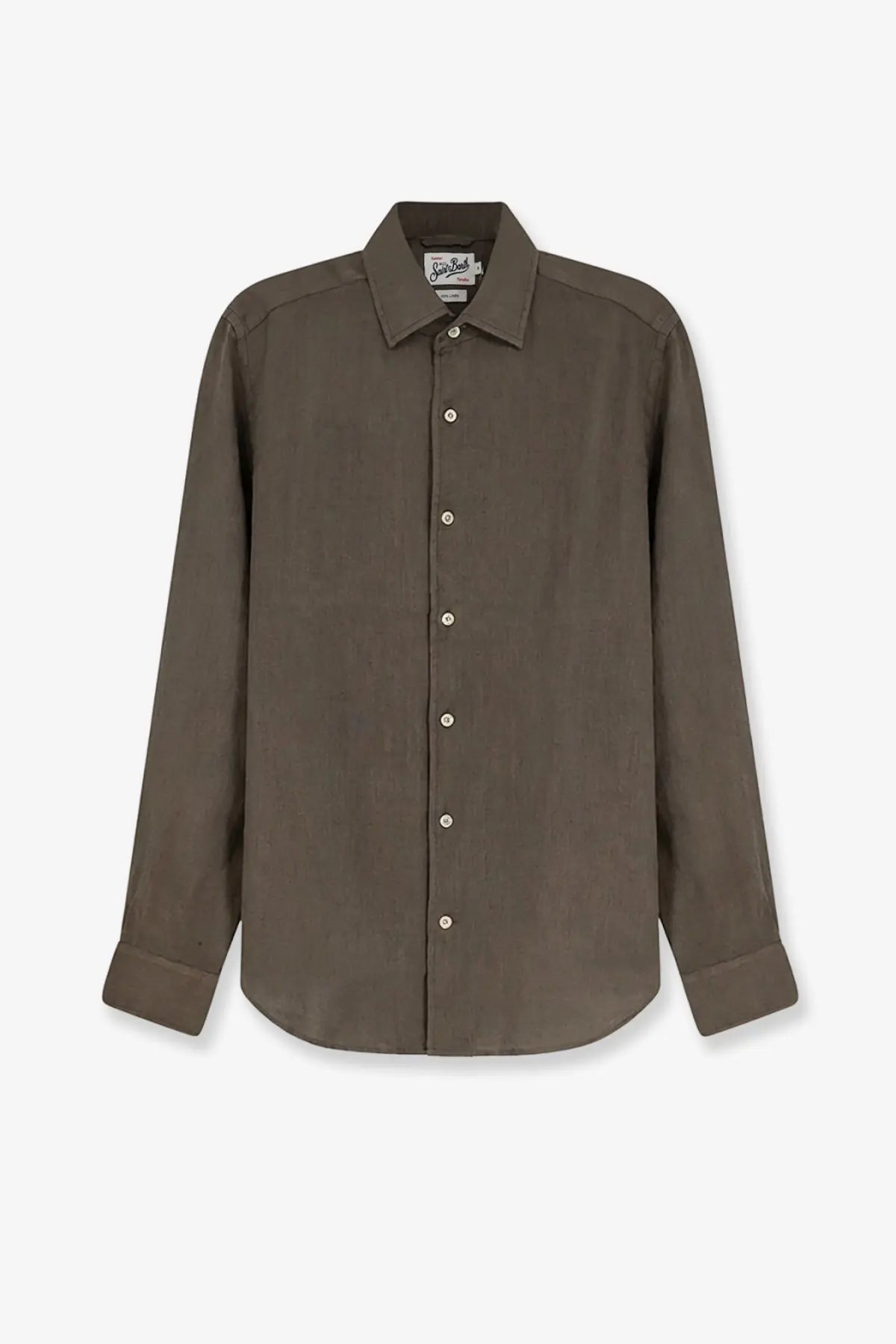 Mc2 Saint Barth men’s olive-green linen shirt with classic collar and subtle texture button-down style