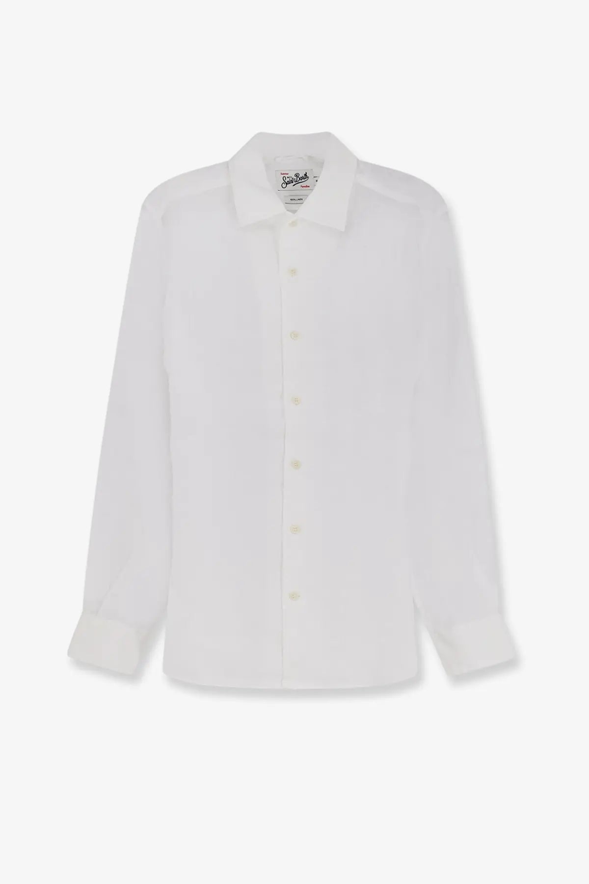 Mc2 Saint Barth men’s white linen shirt with long sleeves classic collar and pleated cuffs