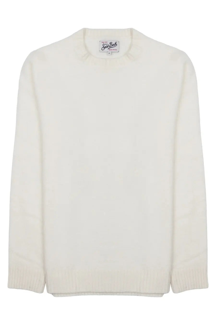 Cream-colored finely knitted crewneck sweater with subtle ribbed texture and branded label at neckline by Mc2 Saint Barth