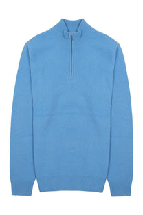 Mc2 Saint Barth men’s light blue ribbed knit quarter zip sweater with metallic zipper in lana wool