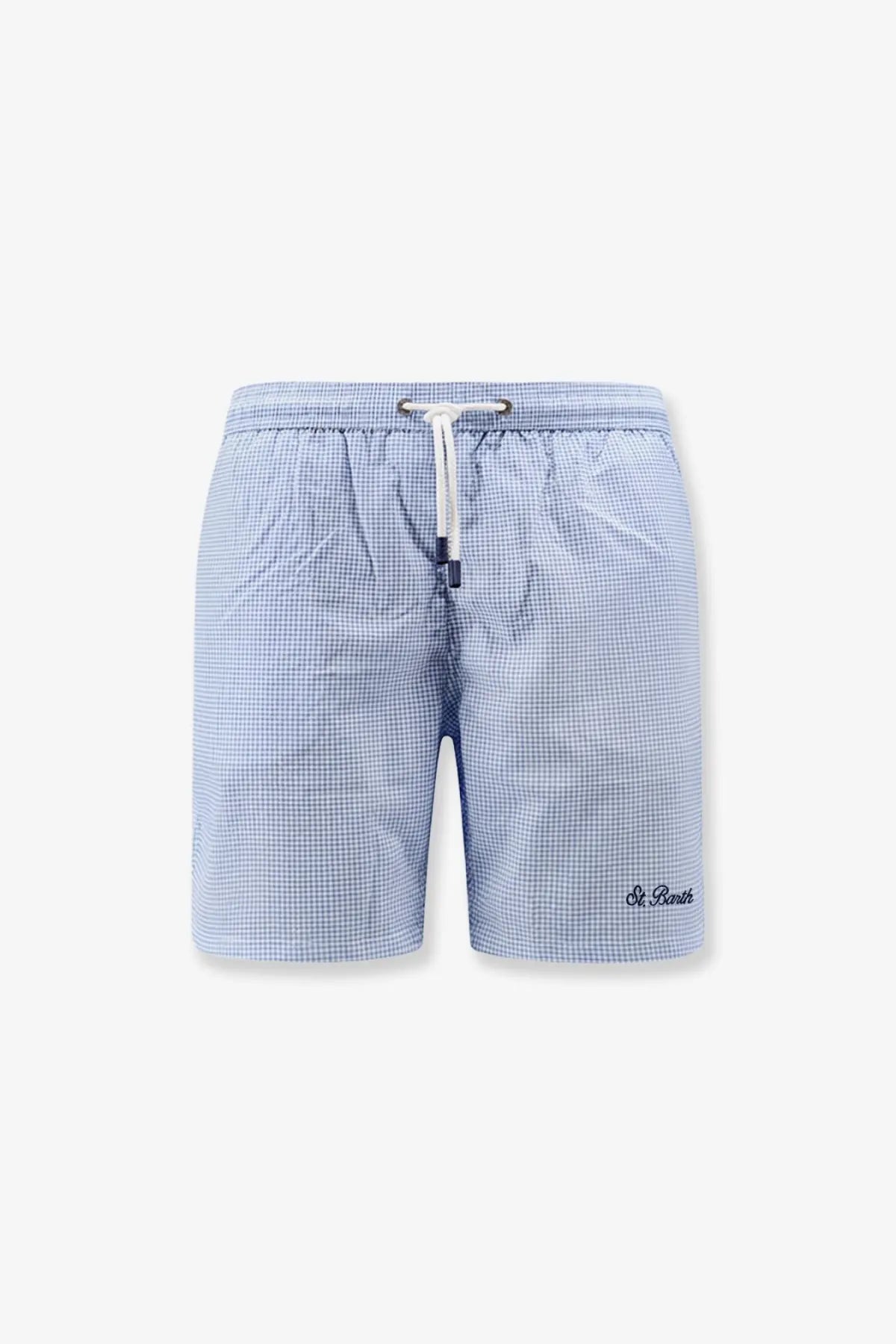 Mc2 Saint Barth men’s nylon blend swim boxer shorts in light blue and white gingham pattern with drawstring waistband