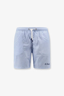 Mc2 Saint Barth men’s nylon blend swim boxer shorts in light blue and white gingham with drawstring waistband