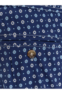 Mc2 Saint Barth men’s nylon swim shorts blue with dark blue floral pattern and a round brass button at the center