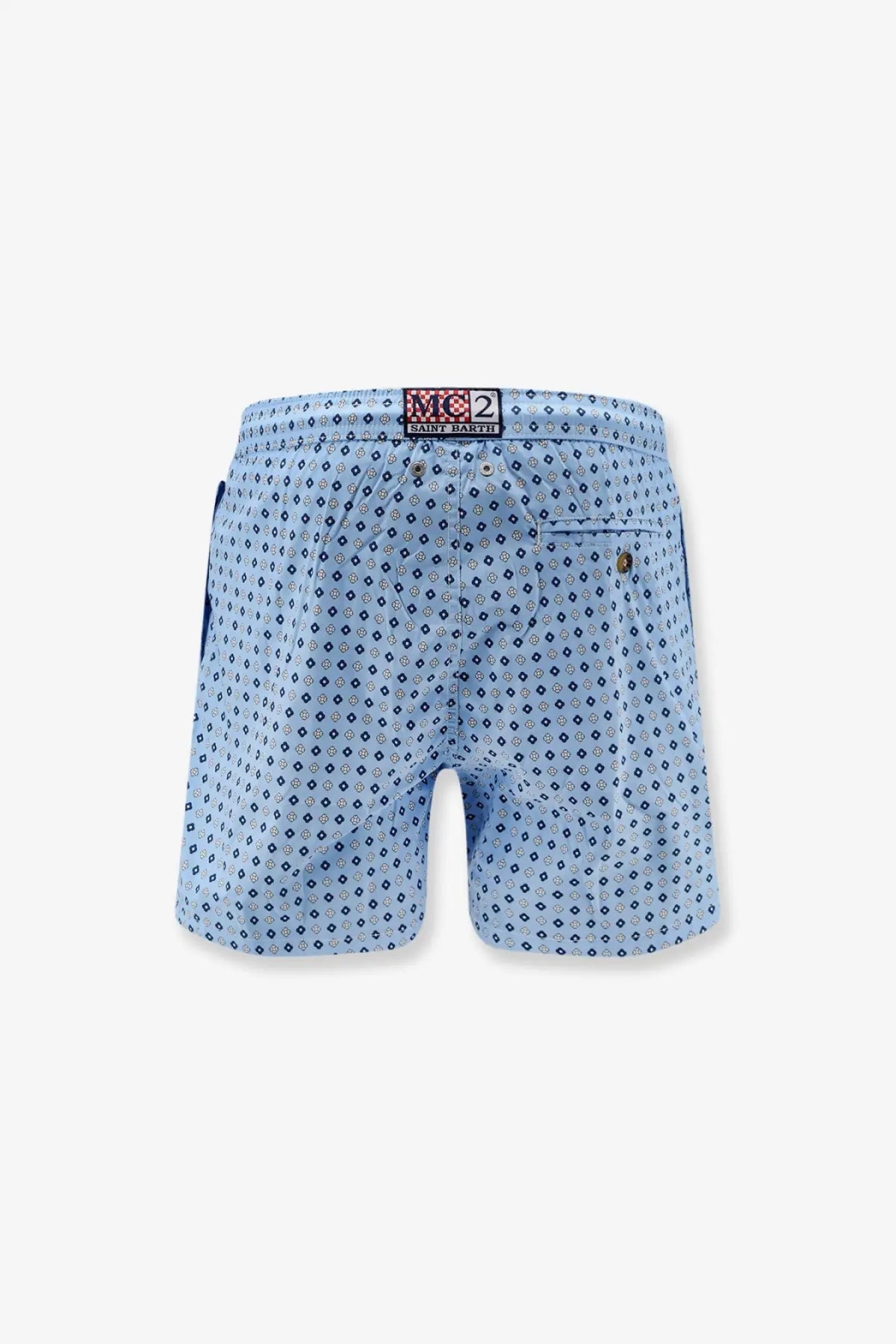 Light blue mc2 Saint Barth men’s nylon swim shorts with dark blue geometric pattern and branded waistband label