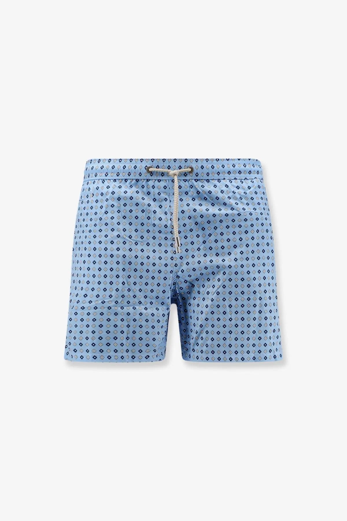 Mc2 Saint Barth men’s nylon swim shorts in light blue with subtle navy geometric pattern and matching drawstring waistband