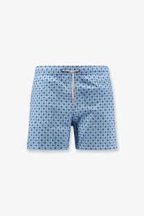 Mc2 Saint Barth men’s nylon swim shorts in light blue with subtle navy geometric pattern and matching drawstring waistband