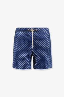 Mc2 Saint Barth men’s nylon swim shorts in navy blue with a subtle white geometric dot pattern and matching drawstring waistband