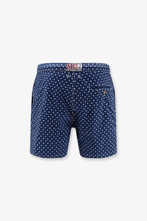 Navy blue mc2 saint barth men’s nylon swim shorts with white dot pattern and branded waistband label
