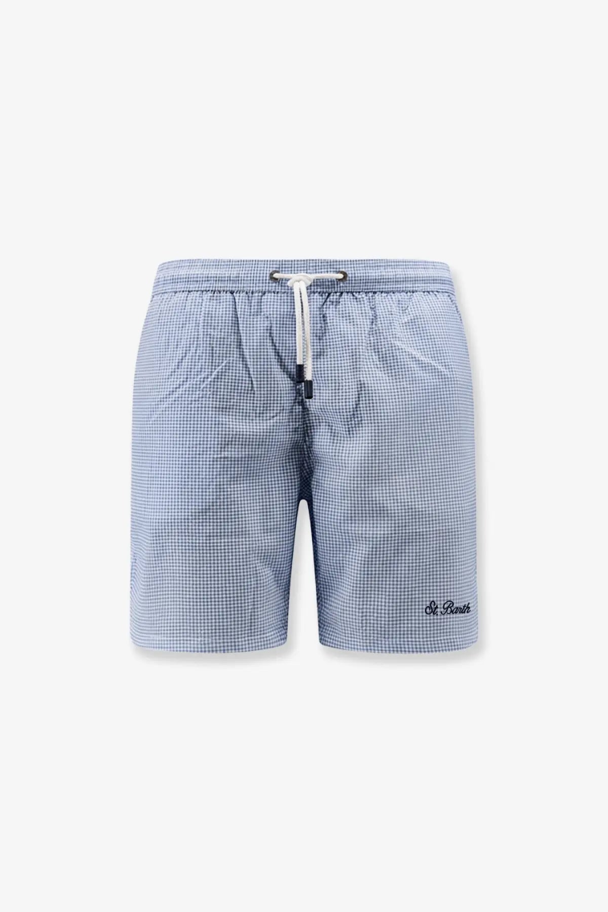 Mc2 Saint Barth men’s nylon swim shorts in blue with white checkered pattern and drawstring waistband