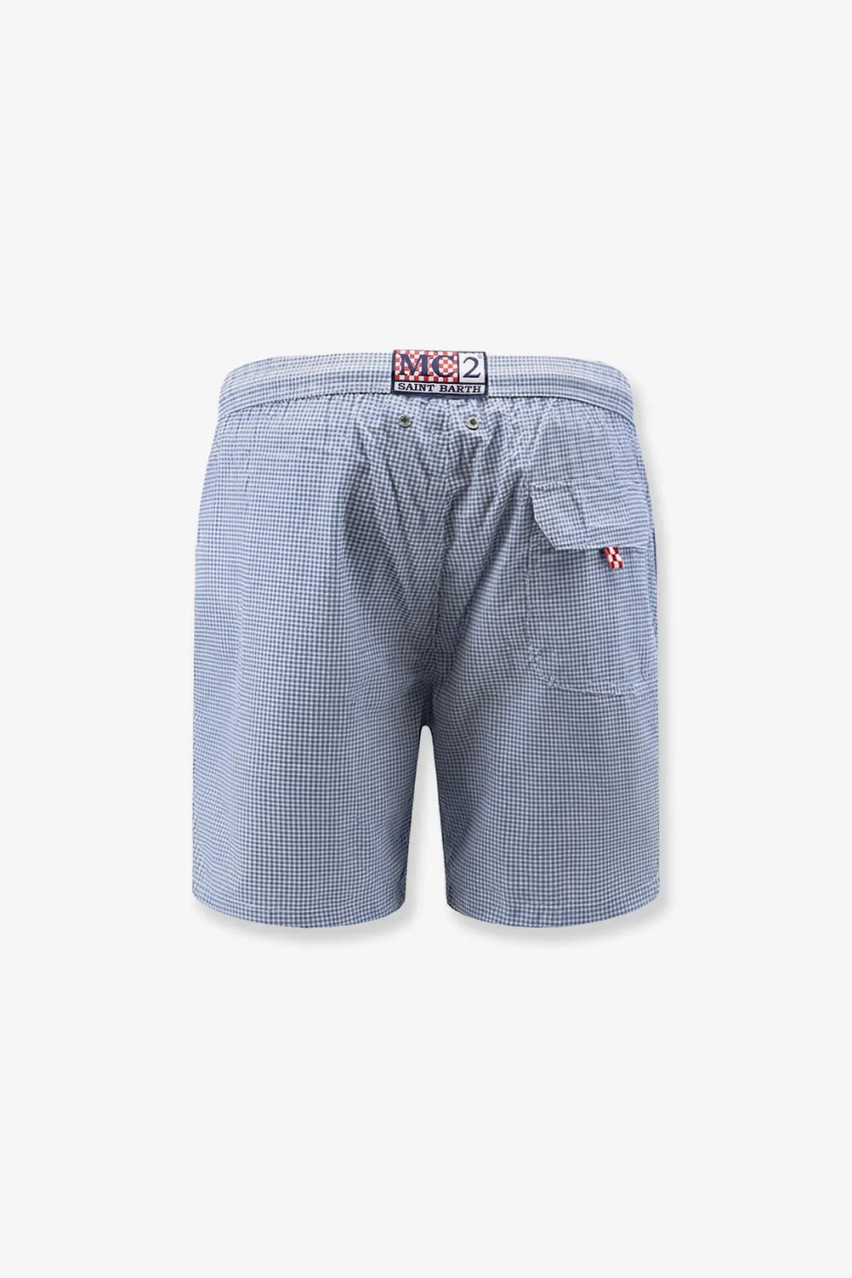 Blue and white checkered nylon swim shorts for men with branded waistband label by mc2 saint barth