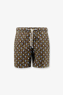 Mc2 Saint Barth men’s brown nylon swim shorts with white and yellow cocktail-themed pattern