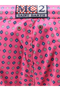 Bright pink nylon swim shorts with blue and white floral pattern and mc2 saint barth branded waistband label
