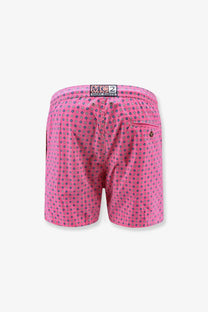 Mc2 Saint Barth men’s nylon swim shorts pink with dark blue and white circular pattern and branded waistband label