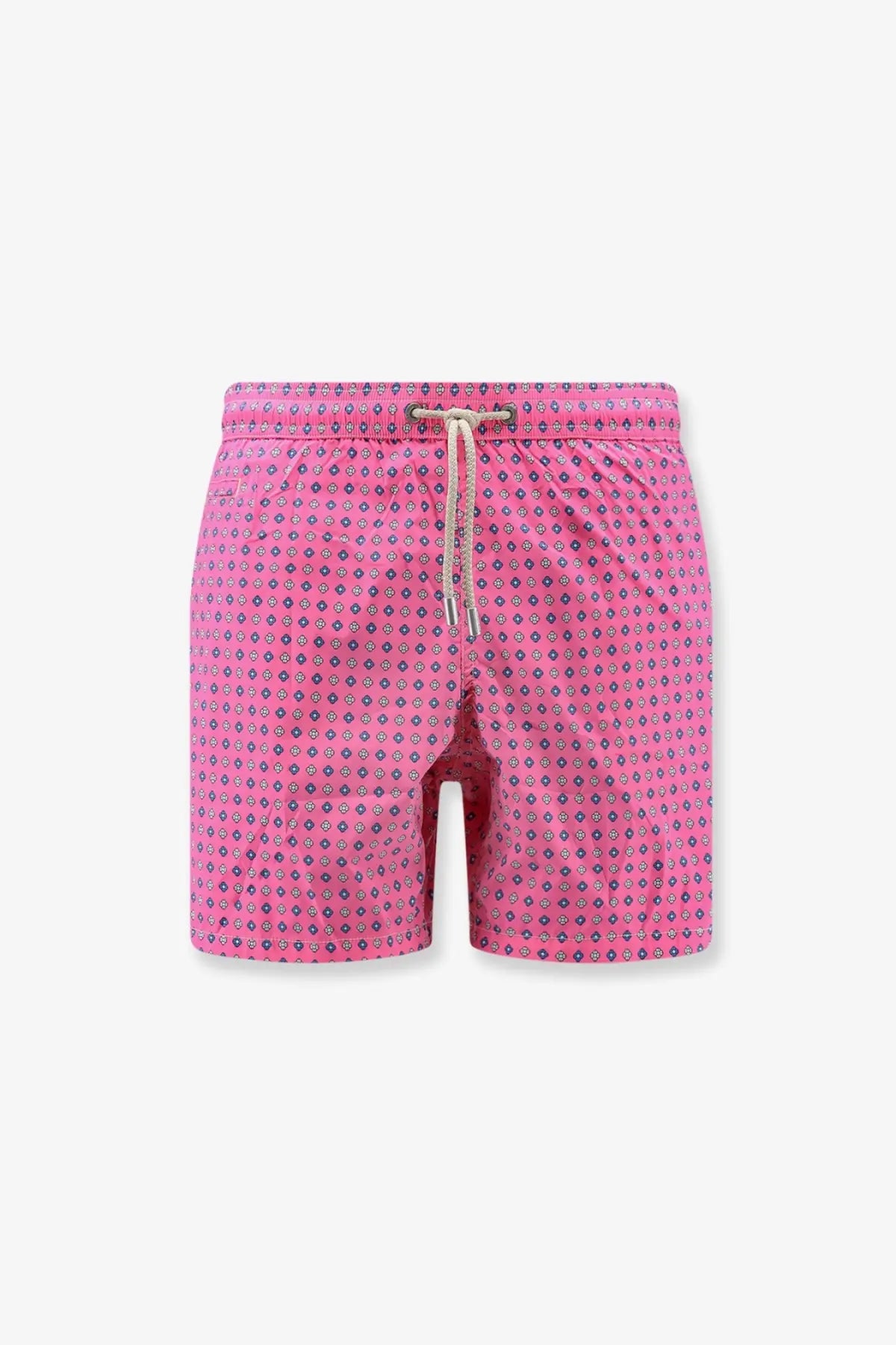 Mc2 Saint Barth men’s nylon swim shorts pink with dark blue and white geometric pattern and elastic waistband with drawstrings