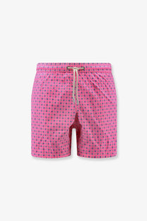 Mc2 Saint Barth men’s nylon swim shorts pink with dark blue and white geometric pattern and elastic waistband with drawstrings