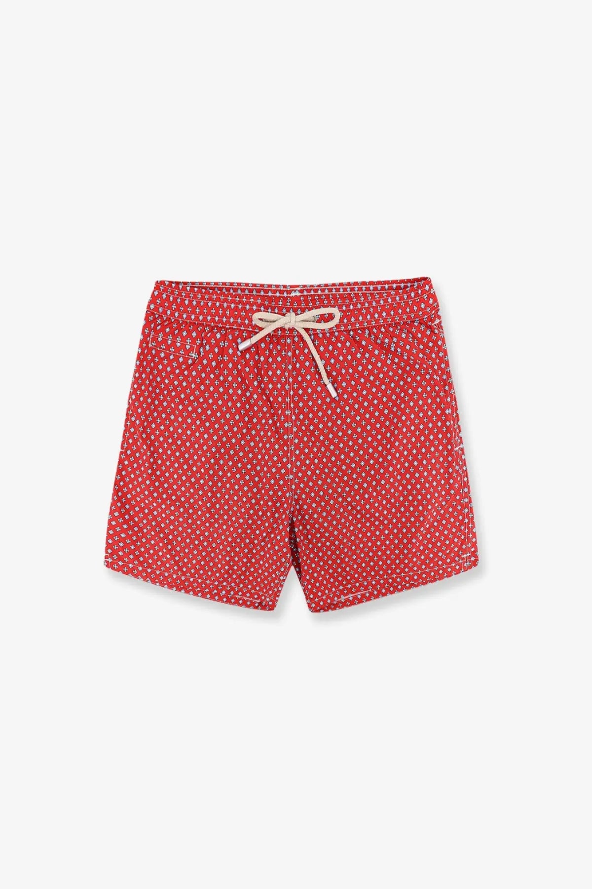 Mc2 Saint Barth men’s nylon swim shorts in red with white polka dots and a beige drawstring waistband