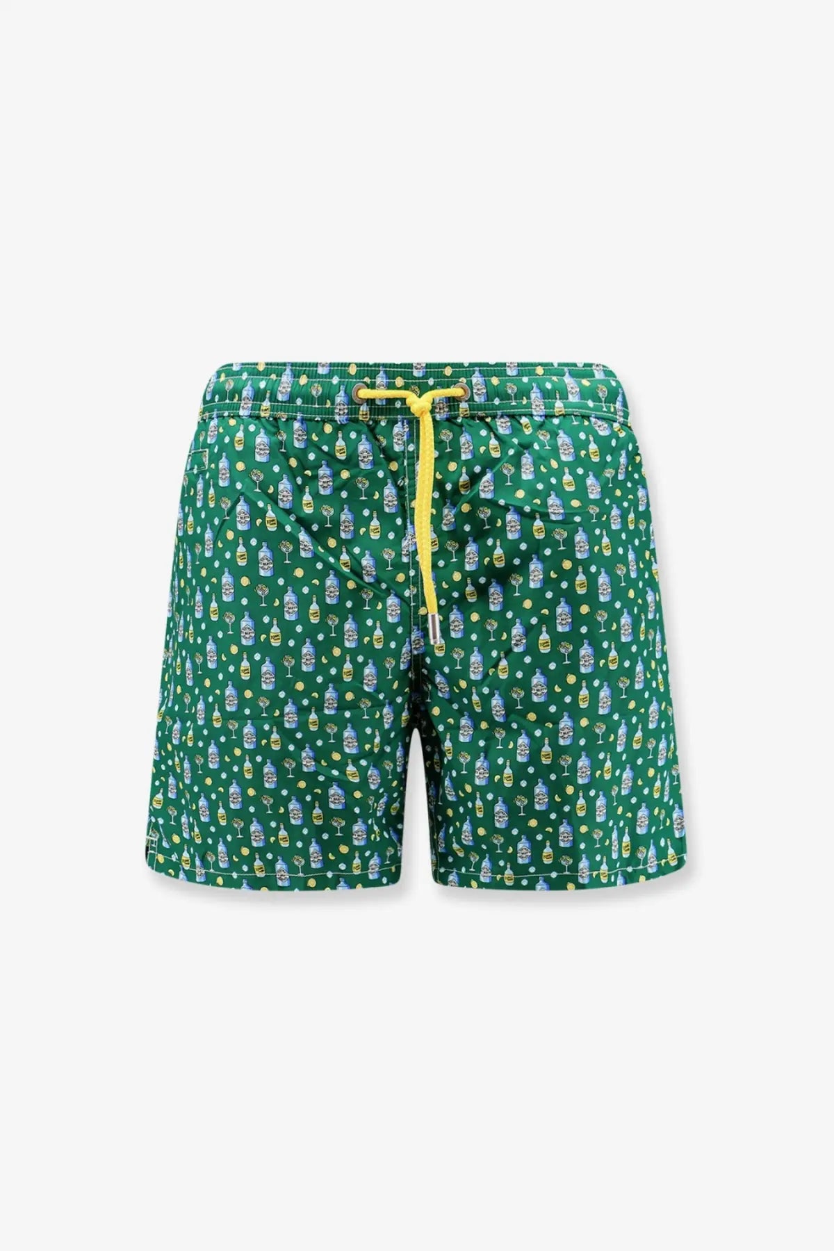 Mc2 Saint Barth men’s green nylon swim trunks with cocktail bottle pattern and bright yellow drawstring