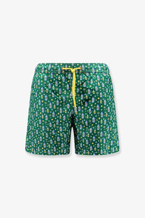 Mc2 Saint Barth men’s green nylon swim trunks with cocktail bottle pattern and bright yellow drawstring