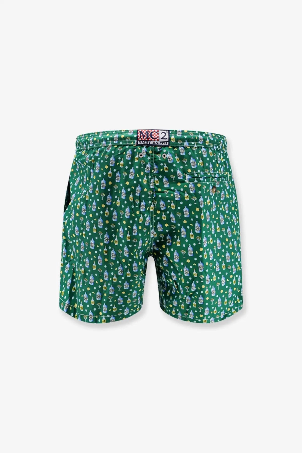 Mc2 Saint Barth men’s green nylon swim trunks with playful miniature bottles and cocktail glasses pattern