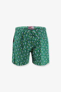 Mc2 Saint Barth men’s green nylon swim trunks with playful miniature bottles and cocktail glasses pattern