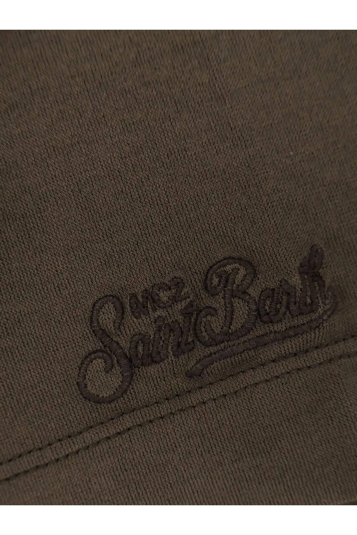 Mc2 saint barth men’s orson cotton shirt in dark olive green with tonal embroidered saint barth logo on fabric