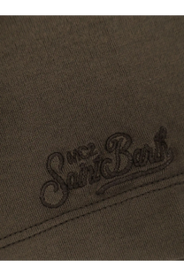 Mc2 saint barth men’s orson cotton shirt in dark olive green with tonal embroidered saint barth logo on fabric
