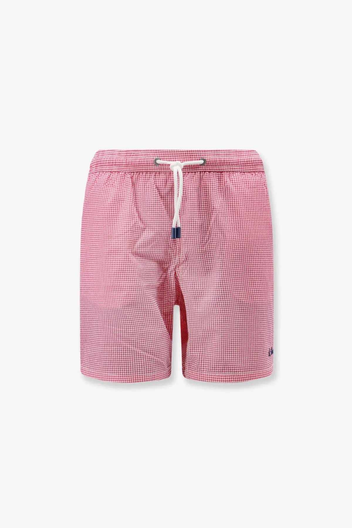 Mc2 Saint Barth men’s Patmos nylon swim trunks in pink and white gingham with a drawstring waistband