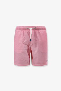 Mc2 Saint Barth men’s Patmos nylon swim trunks in pink and white gingham with a drawstring waistband