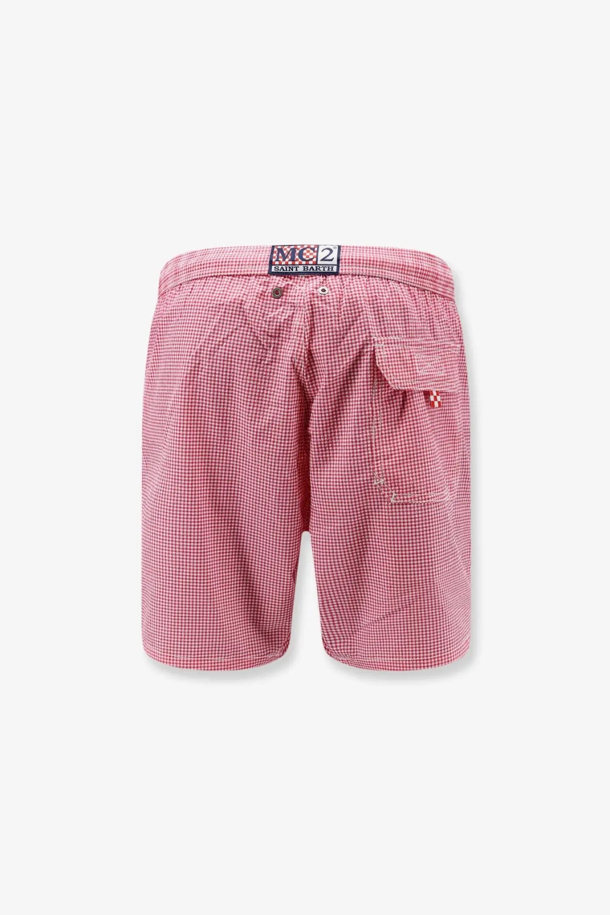 Mc2 Saint Barth men’s Patmos red and white checkered nylon swim trunks with branded label at the waistband