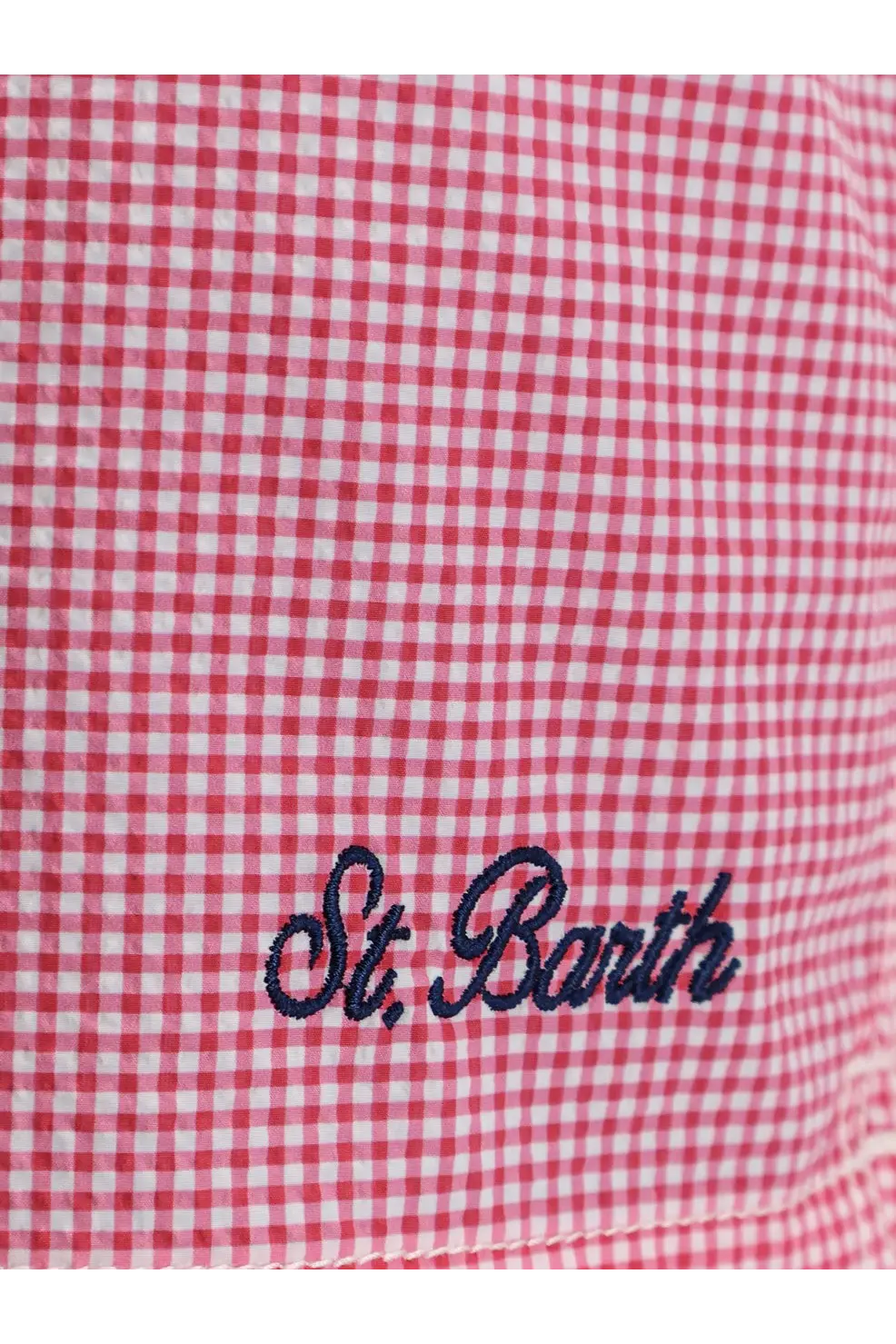 Red and white gingham mc2 saint barth men’s patmos nylon swim trunks with navy blue embroidered st logo