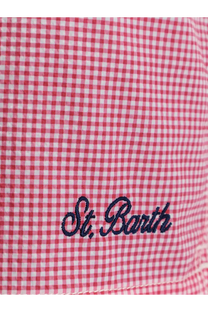Red and white gingham mc2 saint barth men’s patmos nylon swim trunks with navy blue embroidered st logo