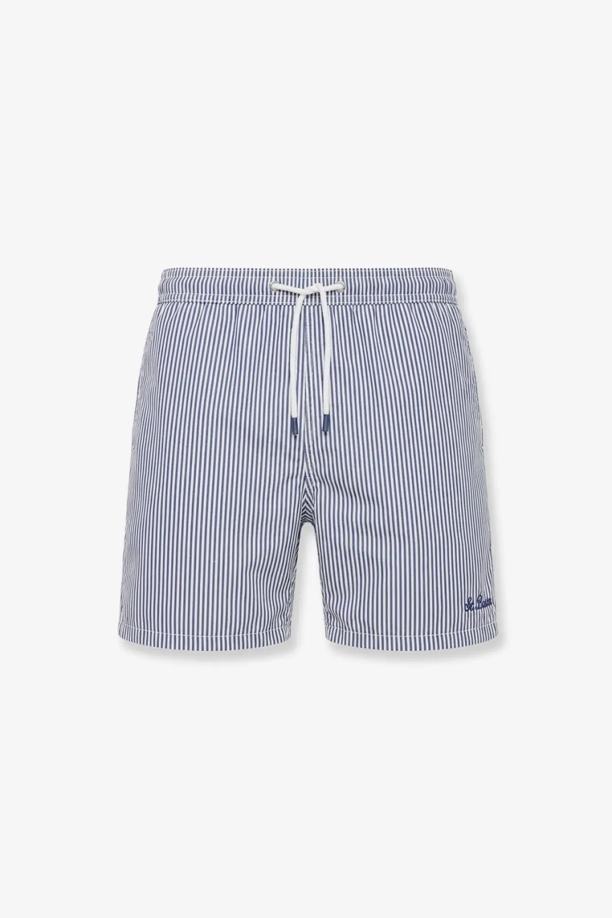 Mc2 Saint Barth men’s Patmos swim trunks in blue with white vertical stripes and a drawstring waistband