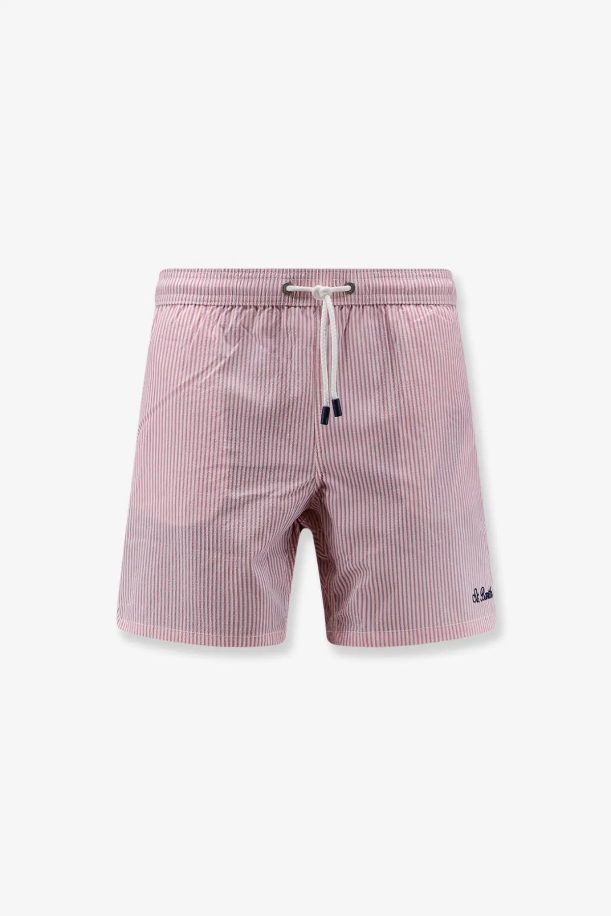 Mc2 Saint Barth men’s Patmos swim trunks pink with pink and white vertical stripes and drawstring waistband
