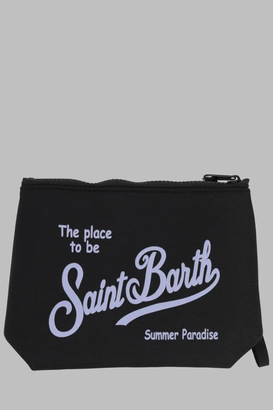 Mc2 Saint Barth men’s black zippered pouch with white cursive Saint Barth summer paradise text and small pull tab
