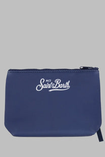 Navy blue Mc2 Saint Barth men’s zippered pouch with white cursive logo and black zipper pull pouch Aline Blue