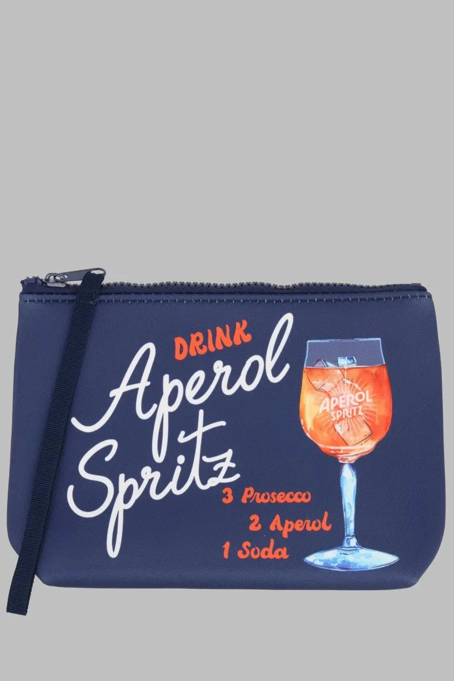 Navy blue zippered Mc2 Saint Barth men’s pochette aline featuring vibrant aperol spritz illustration and recipe details