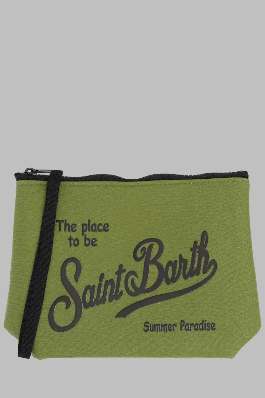 Mc2 Saint Barth men’s lime green fabric pochette aline with black zipper strap and dark gray saint barth summer paradise graphic