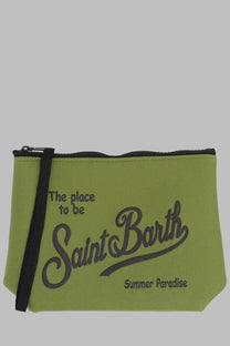 Mc2 Saint Barth men’s lime green fabric pochette aline with black zipper strap and dark gray saint barth summer paradise graphic