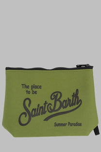Mc2 saint barth men’s pochette aline green lime fabric pouch with black zipper and dark gray summer paradise graphic